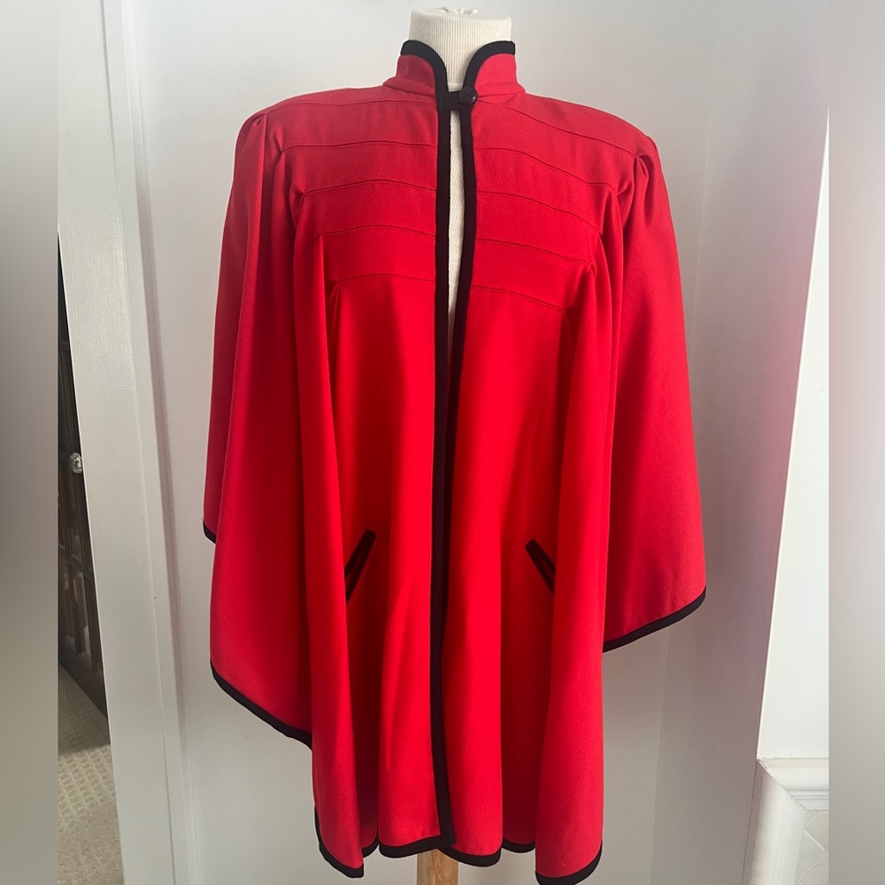 Vintage Simon Chang Red Cape with Black Trim 100% Wool New Condition